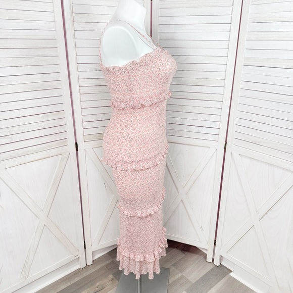 Mabel Daphne Ditsy Flower Ruffe Trim Smocked‎ Midi Long Tube Dress Pink Large - Picture 4 of 15